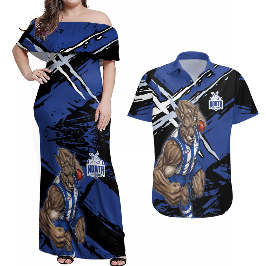 North Melbourne Football Club Couples Matching Off Shoulder Maxi Dress and Hawaiian Shirt Kangaroos Muscular Mascot Graphic - Abstract Paint Splatter Art