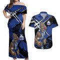 North Melbourne Football Club Couples Matching Off Shoulder Maxi Dress and Hawaiian Shirt Kangaroos Muscular Mascot Graphic - Abstract Paint Splatter Art