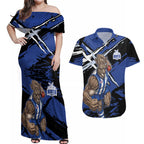 North Melbourne Football Club Couples Matching Off Shoulder Maxi Dress and Hawaiian Shirt Kangaroos Muscular Mascot Graphic - Abstract Paint Splatter Art