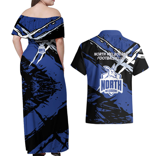 North Melbourne Football Club Couples Matching Off Shoulder Maxi Dress and Hawaiian Shirt Kangaroos Muscular Mascot Graphic - Abstract Paint Splatter Art