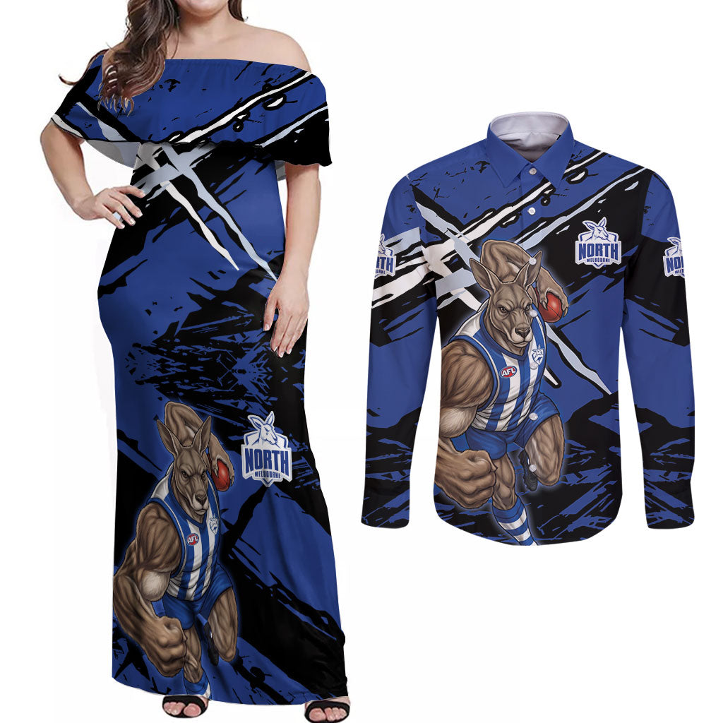 North Melbourne Football Club Couples Matching Off Shoulder Maxi Dress and Long Sleeve Button Shirt Kangaroos Muscular Mascot Graphic - Abstract Paint Splatter Art
