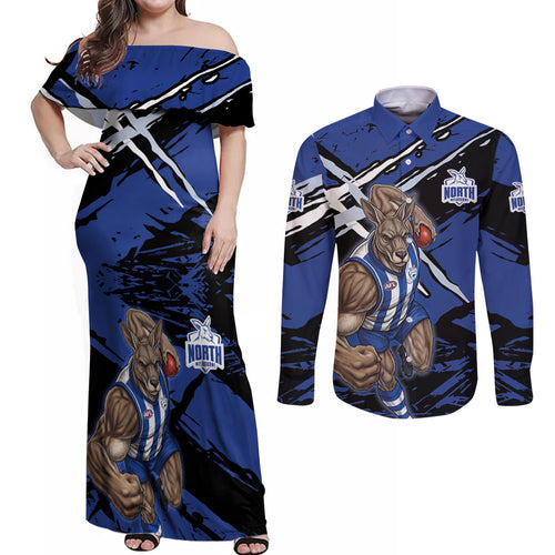 North Melbourne Football Club Couples Matching Off Shoulder Maxi Dress and Long Sleeve Button Shirt Kangaroos Muscular Mascot Graphic - Abstract Paint Splatter Art