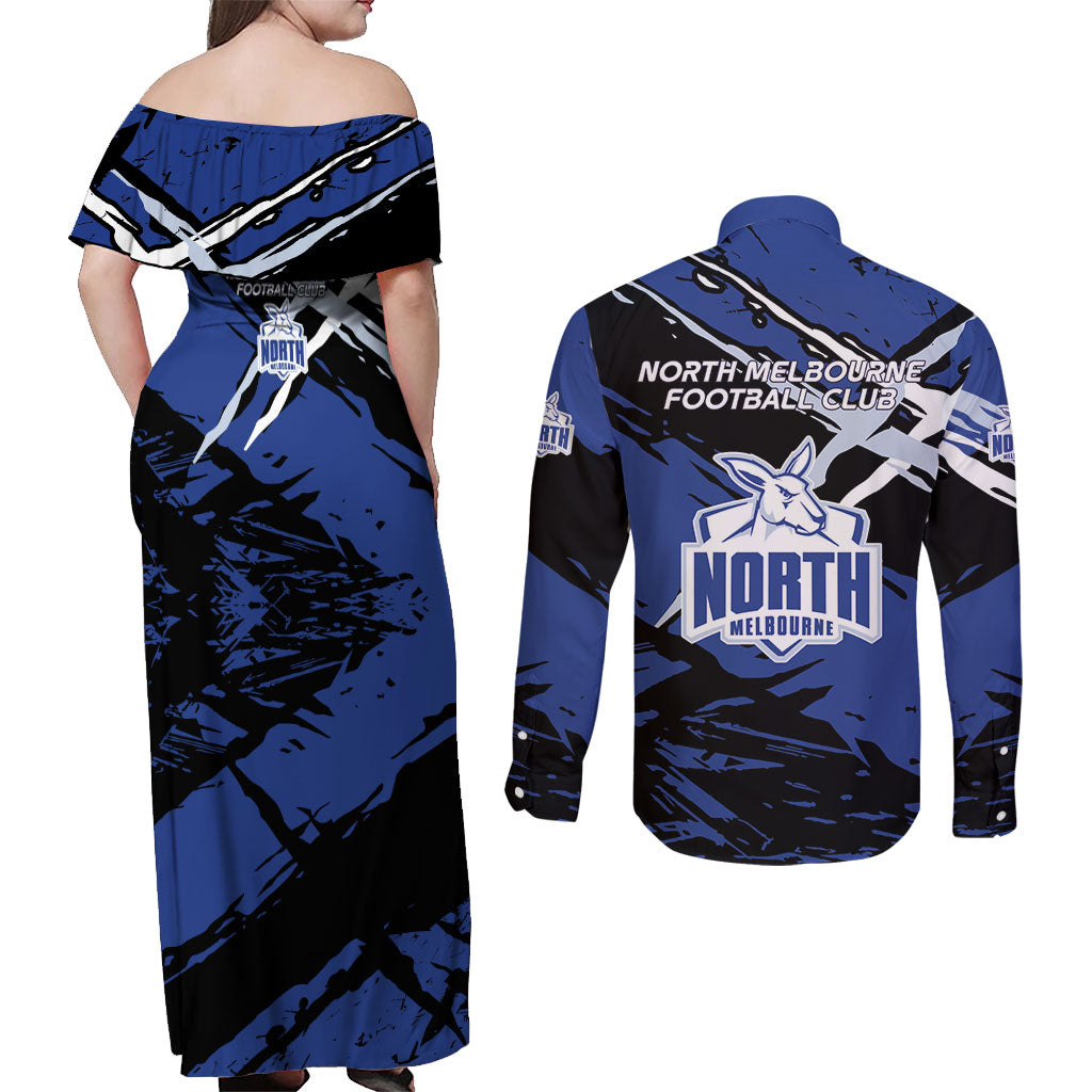 North Melbourne Football Club Couples Matching Off Shoulder Maxi Dress and Long Sleeve Button Shirt Kangaroos Muscular Mascot Graphic - Abstract Paint Splatter Art