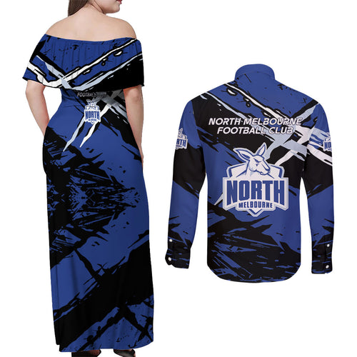 North Melbourne Football Club Couples Matching Off Shoulder Maxi Dress and Long Sleeve Button Shirt Kangaroos Muscular Mascot Graphic - Abstract Paint Splatter Art