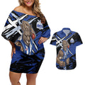 North Melbourne Football Club Couples Matching Off Shoulder Short Dress and Hawaiian Shirt Kangaroos Muscular Mascot Graphic - Abstract Paint Splatter Art