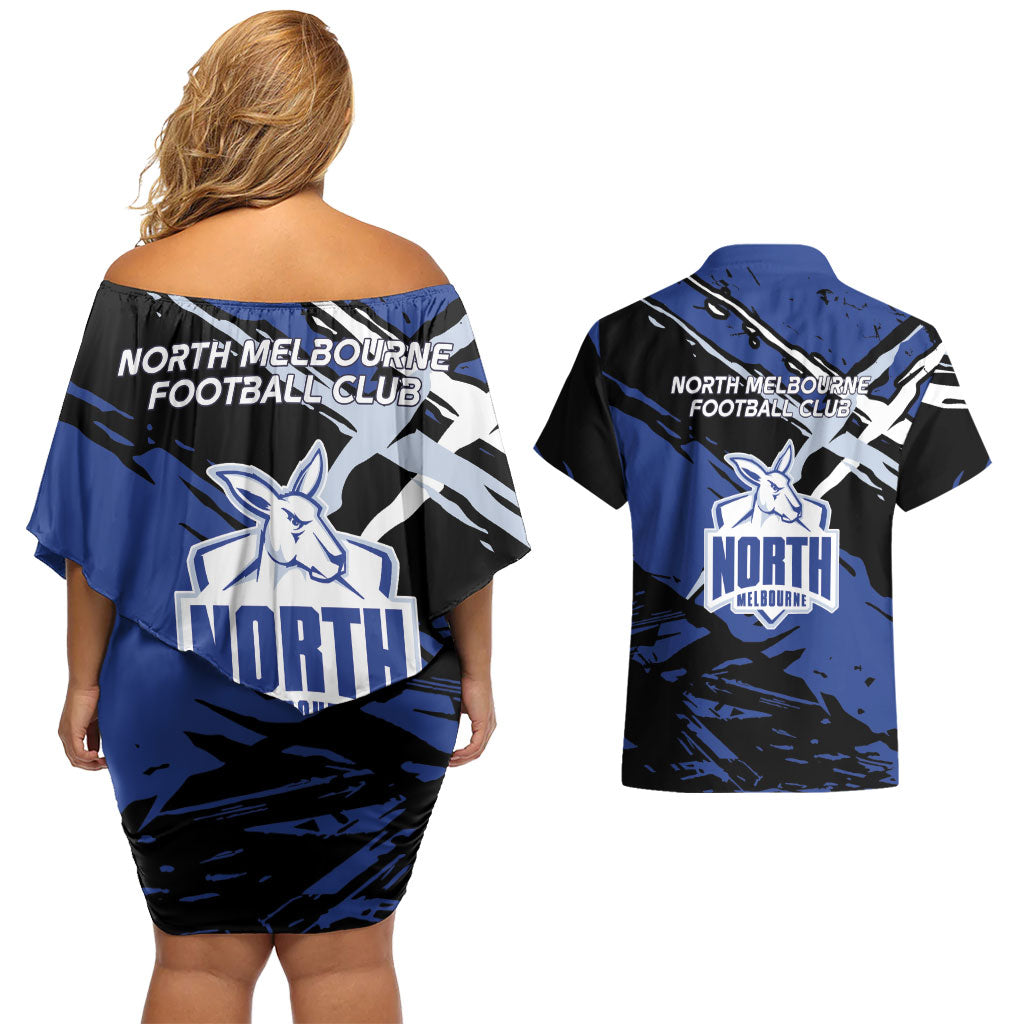 North Melbourne Football Club Couples Matching Off Shoulder Short Dress and Hawaiian Shirt Kangaroos Muscular Mascot Graphic - Abstract Paint Splatter Art