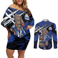 North Melbourne Football Club Couples Matching Off Shoulder Short Dress and Long Sleeve Button Shirt Kangaroos Muscular Mascot Graphic - Abstract Paint Splatter Art