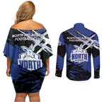 North Melbourne Football Club Couples Matching Off Shoulder Short Dress and Long Sleeve Button Shirt Kangaroos Muscular Mascot Graphic - Abstract Paint Splatter Art