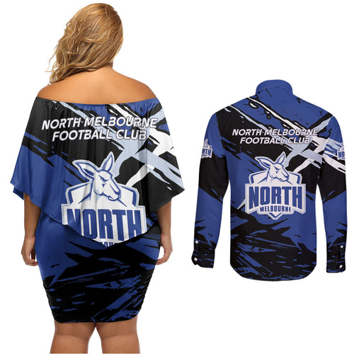 North Melbourne Football Club Couples Matching Off Shoulder Short Dress and Long Sleeve Button Shirt Kangaroos Muscular Mascot Graphic - Abstract Paint Splatter Art
