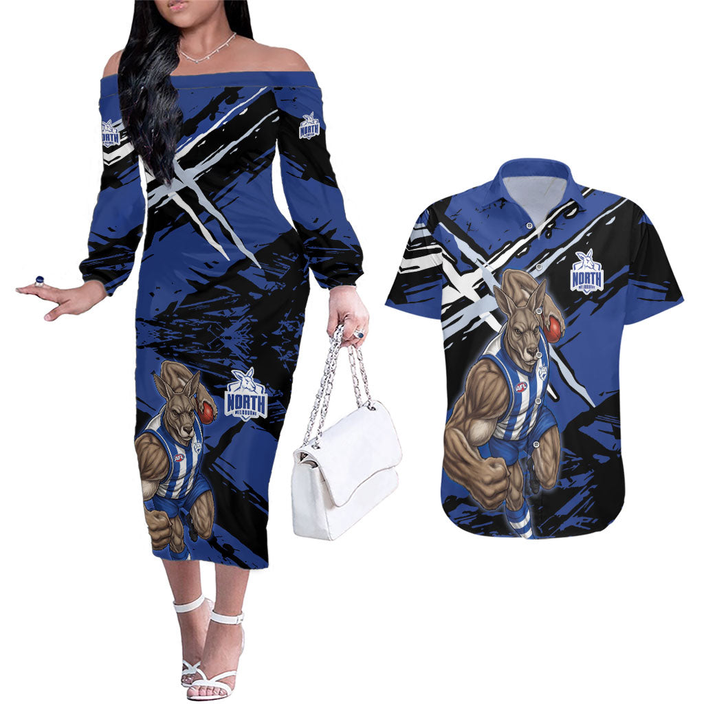 North Melbourne Football Club Couples Matching Off The Shoulder Long Sleeve Dress and Hawaiian Shirt Kangaroos Muscular Mascot Graphic - Abstract Paint Splatter Art