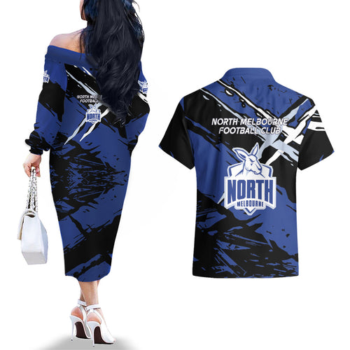 North Melbourne Football Club Couples Matching Off The Shoulder Long Sleeve Dress and Hawaiian Shirt Kangaroos Muscular Mascot Graphic - Abstract Paint Splatter Art