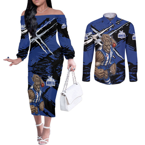 North Melbourne Football Club Couples Matching Off The Shoulder Long Sleeve Dress and Long Sleeve Button Shirt Kangaroos Muscular Mascot Graphic - Abstract Paint Splatter Art