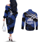 North Melbourne Football Club Couples Matching Off The Shoulder Long Sleeve Dress and Long Sleeve Button Shirt Kangaroos Muscular Mascot Graphic - Abstract Paint Splatter Art
