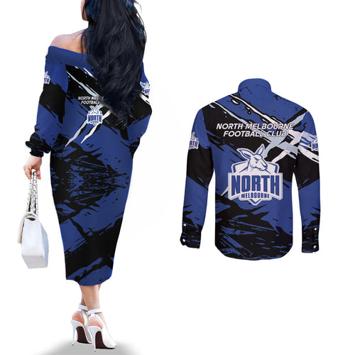 North Melbourne Football Club Couples Matching Off The Shoulder Long Sleeve Dress and Long Sleeve Button Shirt Kangaroos Muscular Mascot Graphic - Abstract Paint Splatter Art