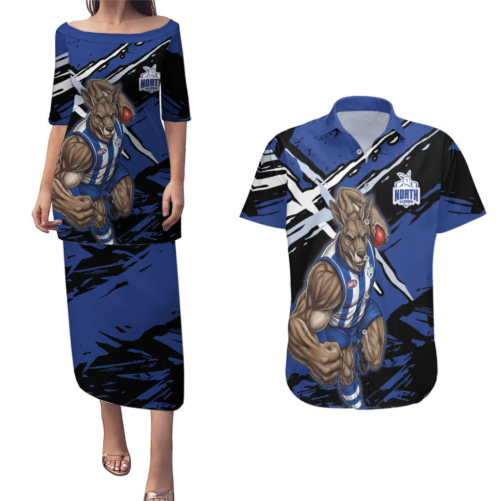North Melbourne Football Club Couples Matching Puletasi and Hawaiian Shirt Kangaroos Muscular Mascot Graphic - Abstract Paint Splatter Art