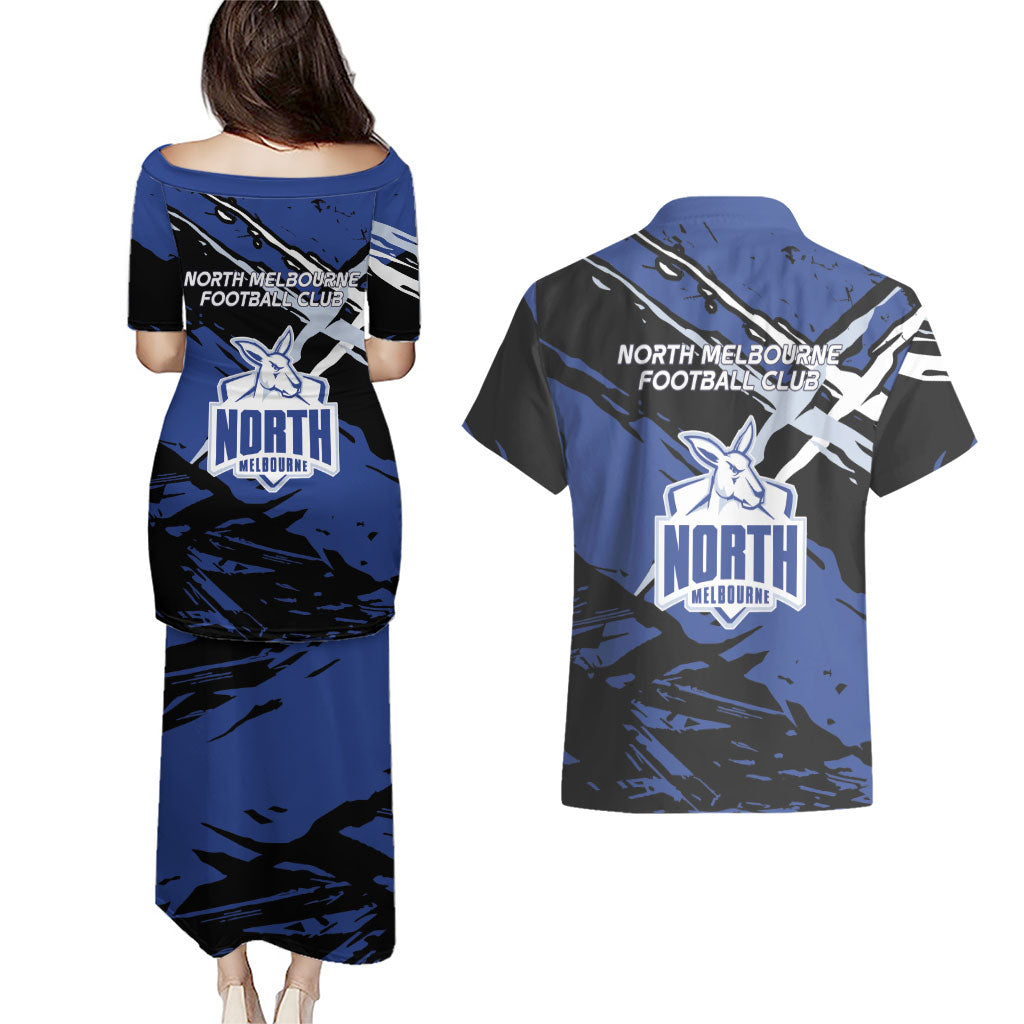 North Melbourne Football Club Couples Matching Puletasi and Hawaiian Shirt Kangaroos Muscular Mascot Graphic - Abstract Paint Splatter Art