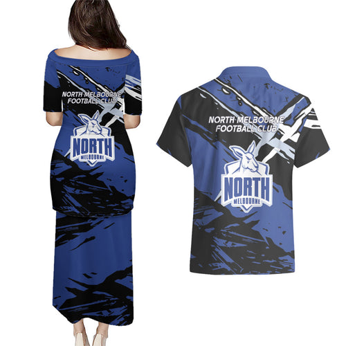 North Melbourne Football Club Couples Matching Puletasi and Hawaiian Shirt Kangaroos Muscular Mascot Graphic - Abstract Paint Splatter Art