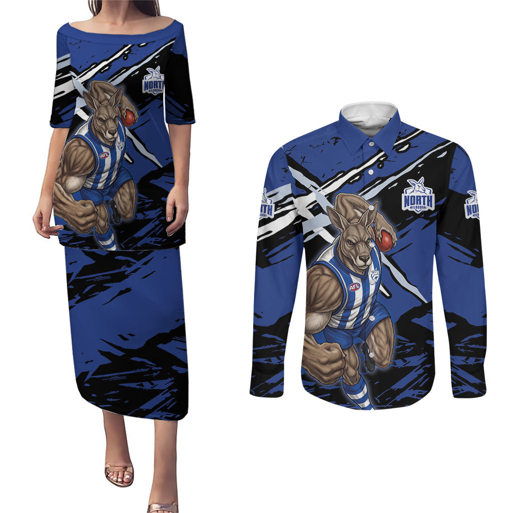 North Melbourne Football Club Couples Matching Puletasi and Long Sleeve Button Shirt Kangaroos Muscular Mascot Graphic - Abstract Paint Splatter Art
