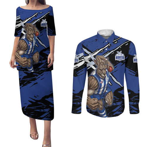 North Melbourne Football Club Couples Matching Puletasi and Long Sleeve Button Shirt Kangaroos Muscular Mascot Graphic - Abstract Paint Splatter Art