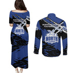 North Melbourne Football Club Couples Matching Puletasi and Long Sleeve Button Shirt Kangaroos Muscular Mascot Graphic - Abstract Paint Splatter Art