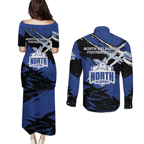 North Melbourne Football Club Couples Matching Puletasi and Long Sleeve Button Shirt Kangaroos Muscular Mascot Graphic - Abstract Paint Splatter Art