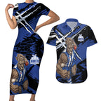 North Melbourne Football Club Couples Matching Short Sleeve Bodycon Dress and Hawaiian Shirt Kangaroos Muscular Mascot Graphic - Abstract Paint Splatter Art