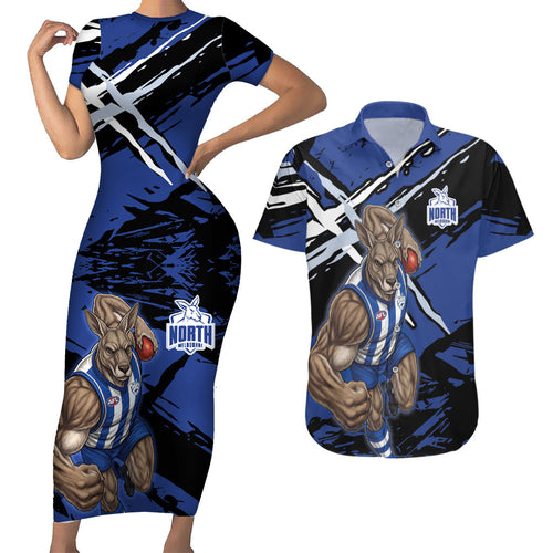 North Melbourne Football Club Couples Matching Short Sleeve Bodycon Dress and Hawaiian Shirt Kangaroos Muscular Mascot Graphic - Abstract Paint Splatter Art