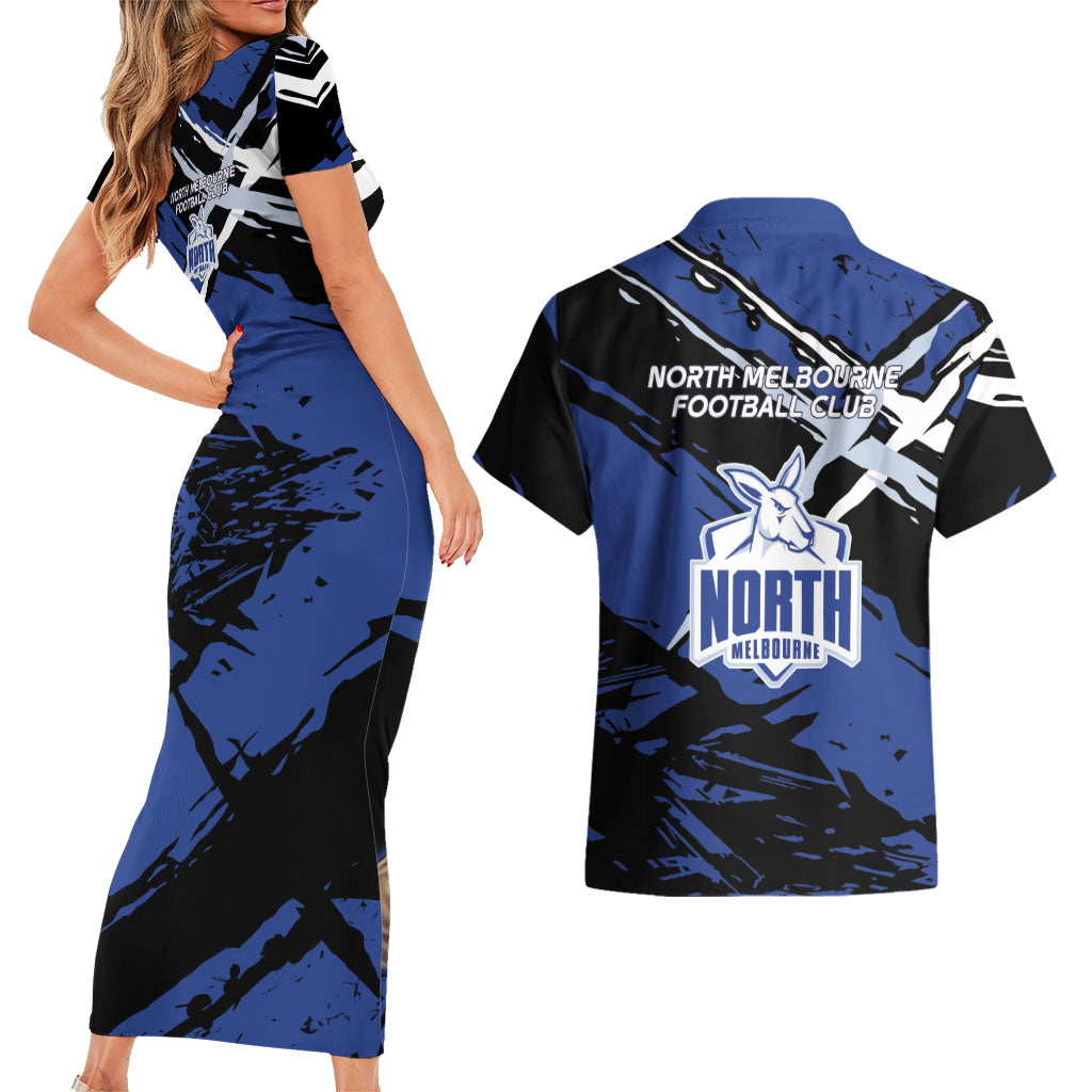 North Melbourne Football Club Couples Matching Short Sleeve Bodycon Dress and Hawaiian Shirt Kangaroos Muscular Mascot Graphic - Abstract Paint Splatter Art