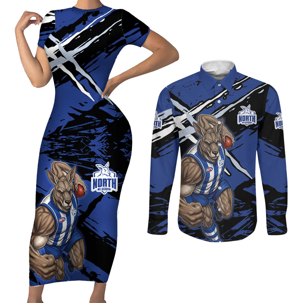 North Melbourne Football Club Couples Matching Short Sleeve Bodycon Dress and Long Sleeve Button Shirt Kangaroos Muscular Mascot Graphic - Abstract Paint Splatter Art