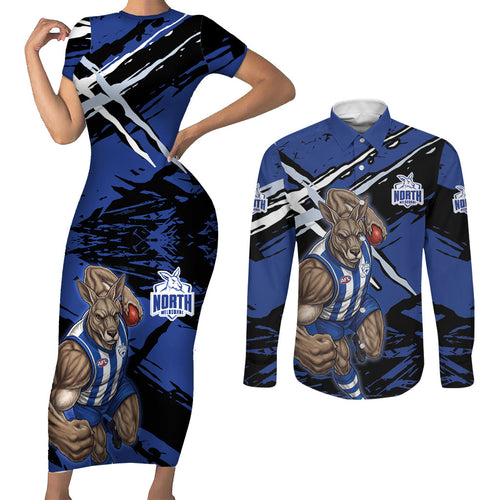 North Melbourne Football Club Couples Matching Short Sleeve Bodycon Dress and Long Sleeve Button Shirt Kangaroos Muscular Mascot Graphic - Abstract Paint Splatter Art