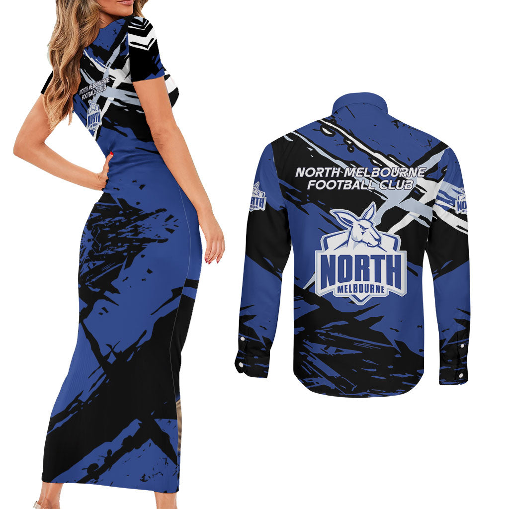 North Melbourne Football Club Couples Matching Short Sleeve Bodycon Dress and Long Sleeve Button Shirt Kangaroos Muscular Mascot Graphic - Abstract Paint Splatter Art