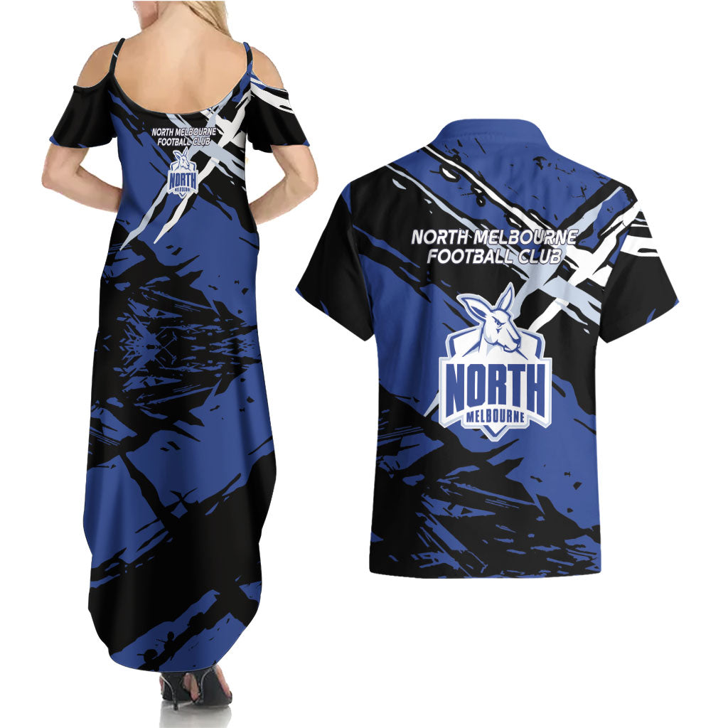 North Melbourne Football Club Couples Matching Summer Maxi Dress and Hawaiian Shirt Kangaroos Muscular Mascot Graphic - Abstract Paint Splatter Art