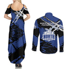 North Melbourne Football Club Couples Matching Summer Maxi Dress and Long Sleeve Button Shirt Kangaroos Muscular Mascot Graphic - Abstract Paint Splatter Art