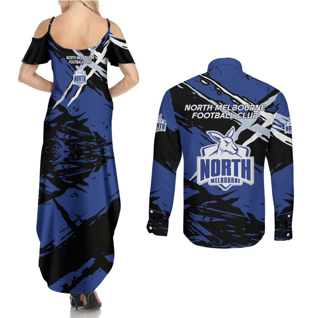 North Melbourne Football Club Couples Matching Summer Maxi Dress and Long Sleeve Button Shirt Kangaroos Muscular Mascot Graphic - Abstract Paint Splatter Art