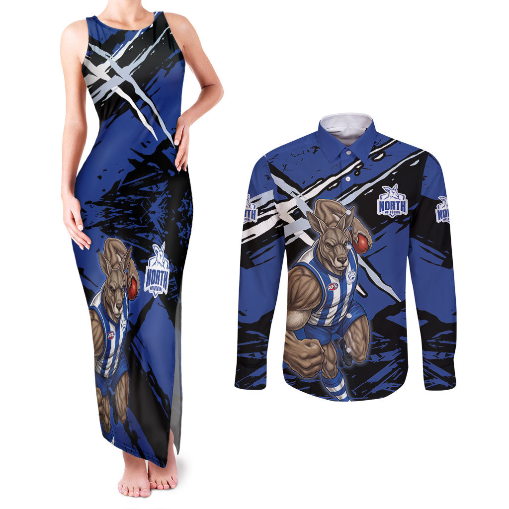 North Melbourne Football Club Couples Matching Tank Maxi Dress and Long Sleeve Button Shirt Kangaroos Muscular Mascot Graphic - Abstract Paint Splatter Art