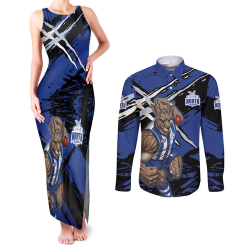 North Melbourne Football Club Couples Matching Tank Maxi Dress and Long Sleeve Button Shirt Kangaroos Muscular Mascot Graphic - Abstract Paint Splatter Art