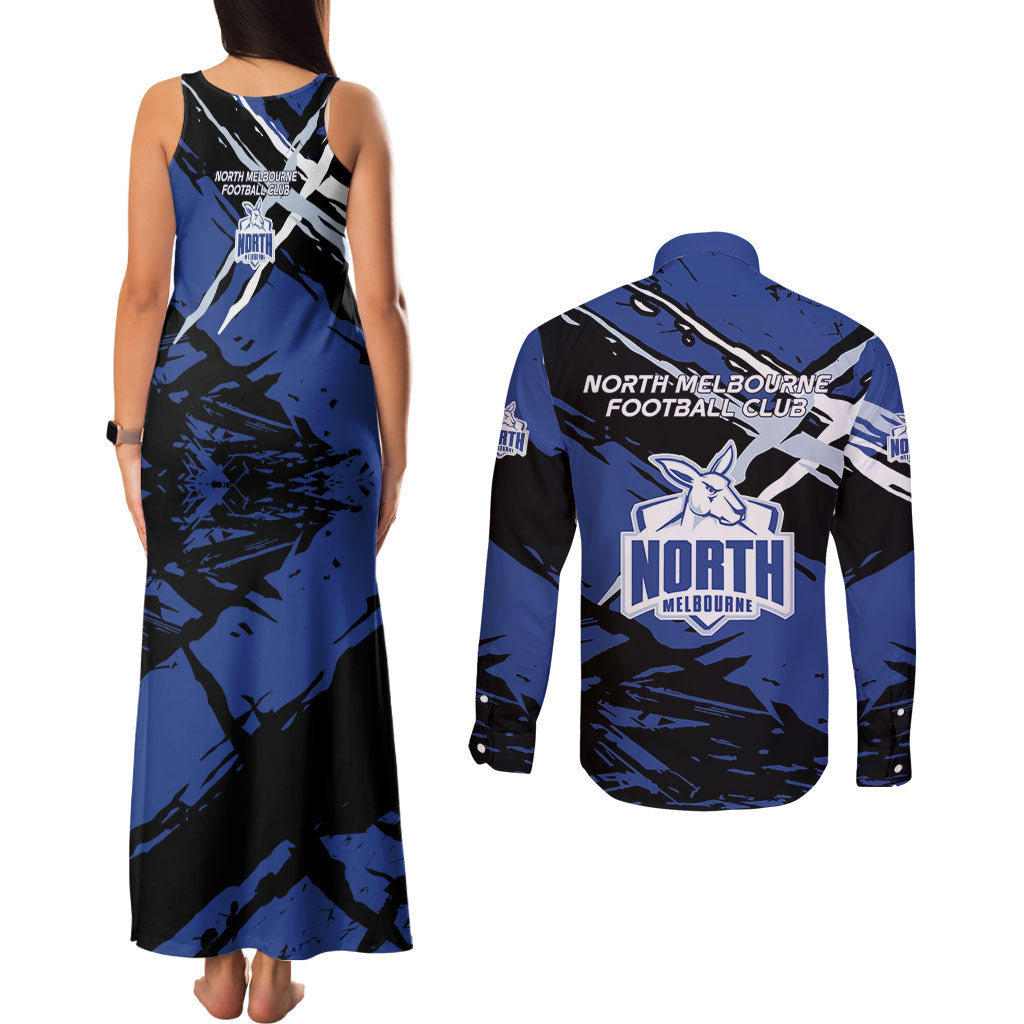North Melbourne Football Club Couples Matching Tank Maxi Dress and Long Sleeve Button Shirt Kangaroos Muscular Mascot Graphic - Abstract Paint Splatter Art