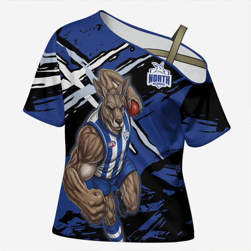 North Melbourne Football Club Cross Shoulder Shirt Kangaroos Muscular Mascot Graphic - Abstract Paint Splatter Art