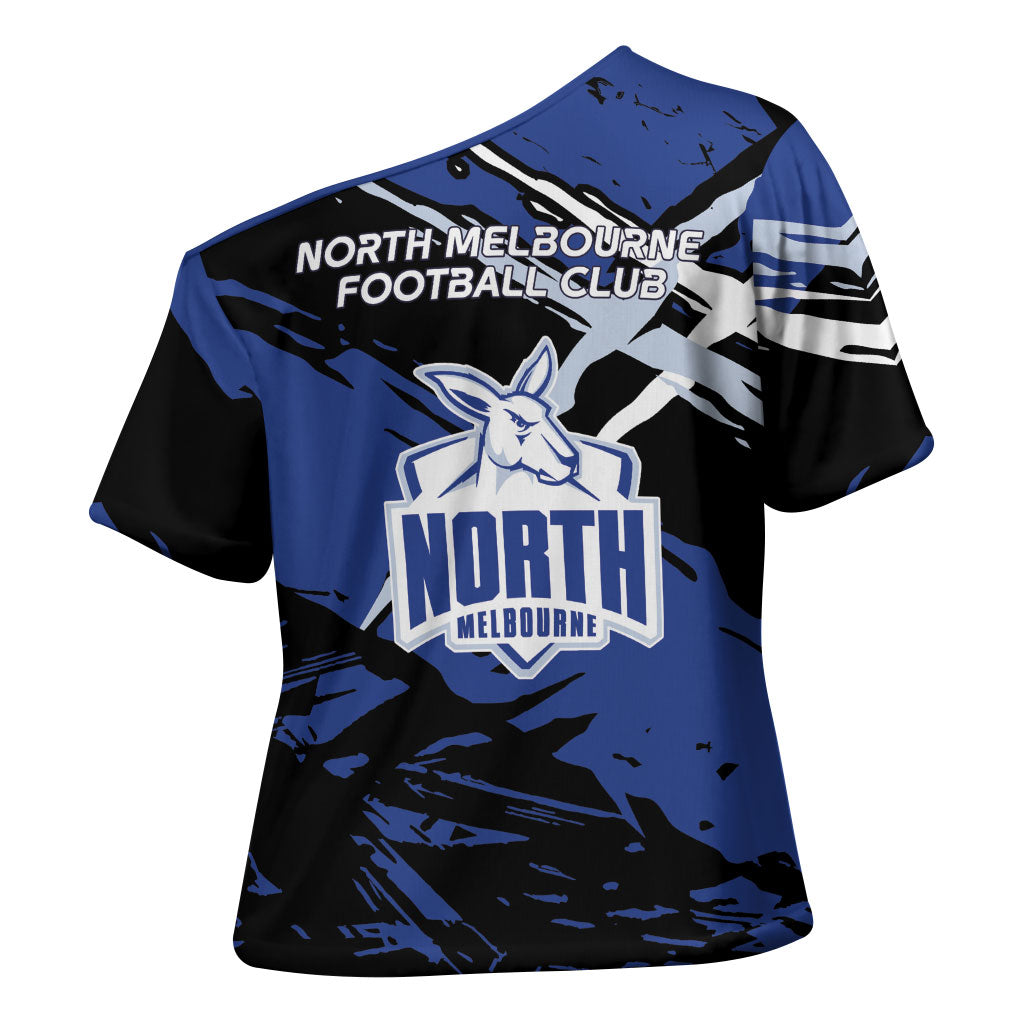 North Melbourne Football Club Cross Shoulder Shirt Kangaroos Muscular Mascot Graphic - Abstract Paint Splatter Art