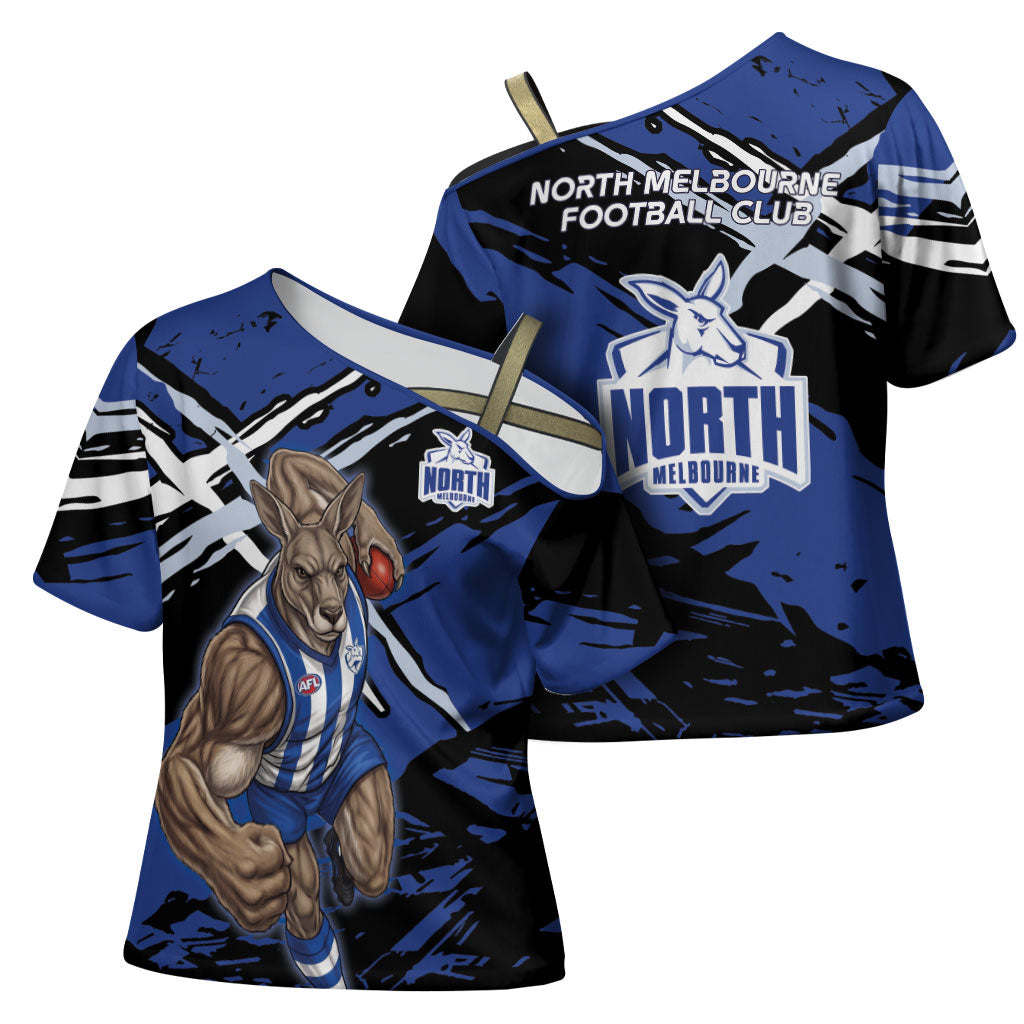 North Melbourne Football Club Cross Shoulder Shirt Kangaroos Muscular Mascot Graphic - Abstract Paint Splatter Art