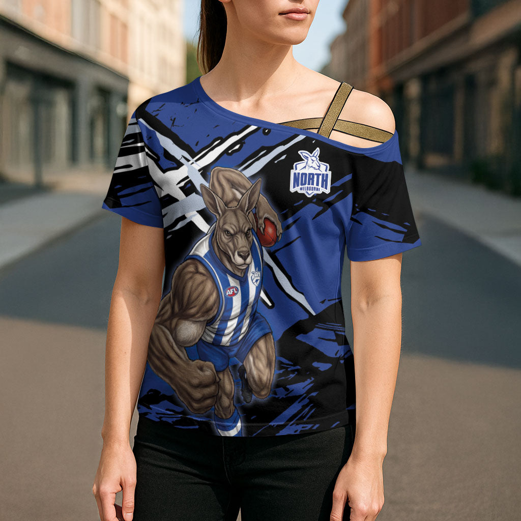 North Melbourne Football Club Cross Shoulder Shirt Kangaroos Muscular Mascot Graphic - Abstract Paint Splatter Art