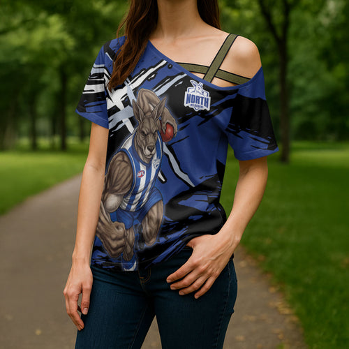 North Melbourne Football Club Cross Shoulder Shirt Kangaroos Muscular Mascot Graphic - Abstract Paint Splatter Art