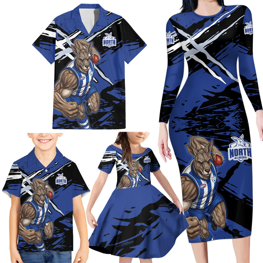 North Melbourne Football Club Family Matching Long Sleeve Bodycon Dress and Hawaiian Shirt Kangaroos Muscular Mascot Graphic - Abstract Paint Splatter Art