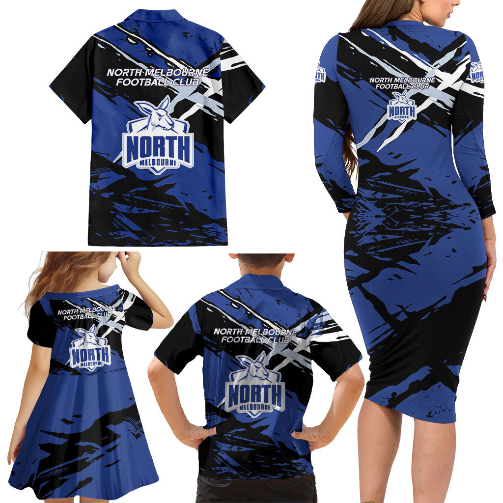 North Melbourne Football Club Family Matching Long Sleeve Bodycon Dress and Hawaiian Shirt Kangaroos Muscular Mascot Graphic - Abstract Paint Splatter Art