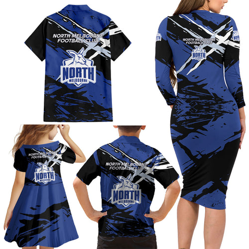 North Melbourne Football Club Family Matching Long Sleeve Bodycon Dress and Hawaiian Shirt Kangaroos Muscular Mascot Graphic - Abstract Paint Splatter Art