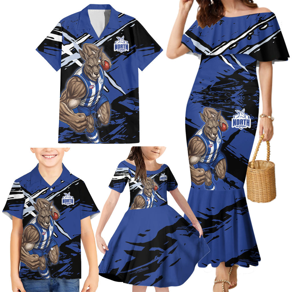 North Melbourne Football Club Family Matching Mermaid Dress and Hawaiian Shirt Kangaroos Muscular Mascot Graphic - Abstract Paint Splatter Art