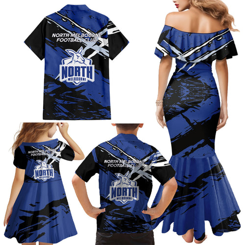 North Melbourne Football Club Family Matching Mermaid Dress and Hawaiian Shirt Kangaroos Muscular Mascot Graphic - Abstract Paint Splatter Art