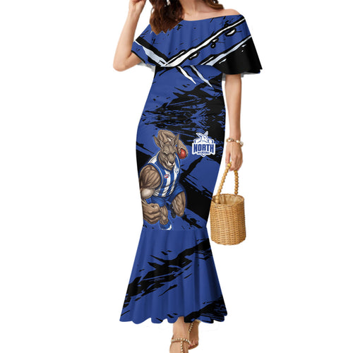 North Melbourne Football Club Family Matching Mermaid Dress and Hawaiian Shirt Kangaroos Muscular Mascot Graphic - Abstract Paint Splatter Art