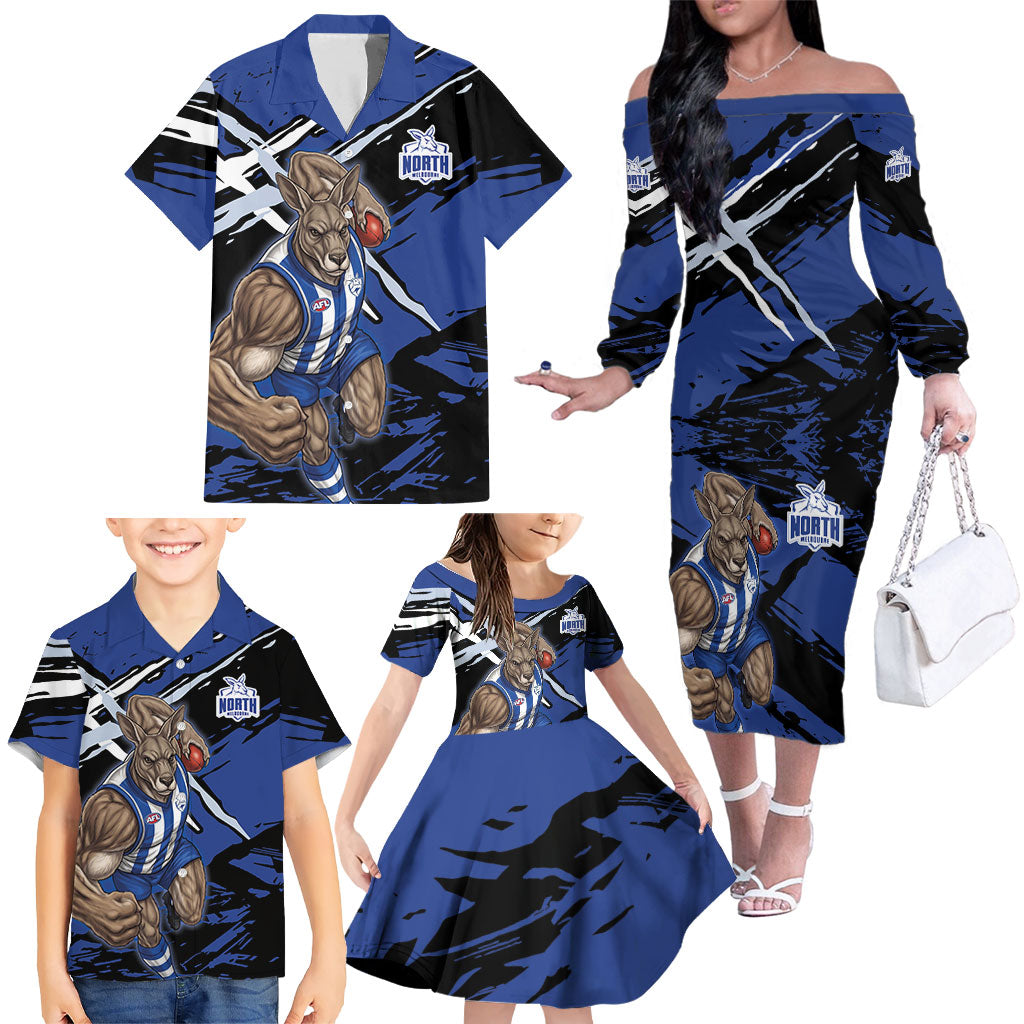 North Melbourne Football Club Family Matching Off The Shoulder Long Sleeve Dress and Hawaiian Shirt Kangaroos Muscular Mascot Graphic - Abstract Paint Splatter Art