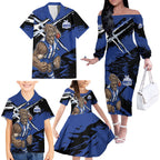North Melbourne Football Club Family Matching Off The Shoulder Long Sleeve Dress and Hawaiian Shirt Kangaroos Muscular Mascot Graphic - Abstract Paint Splatter Art